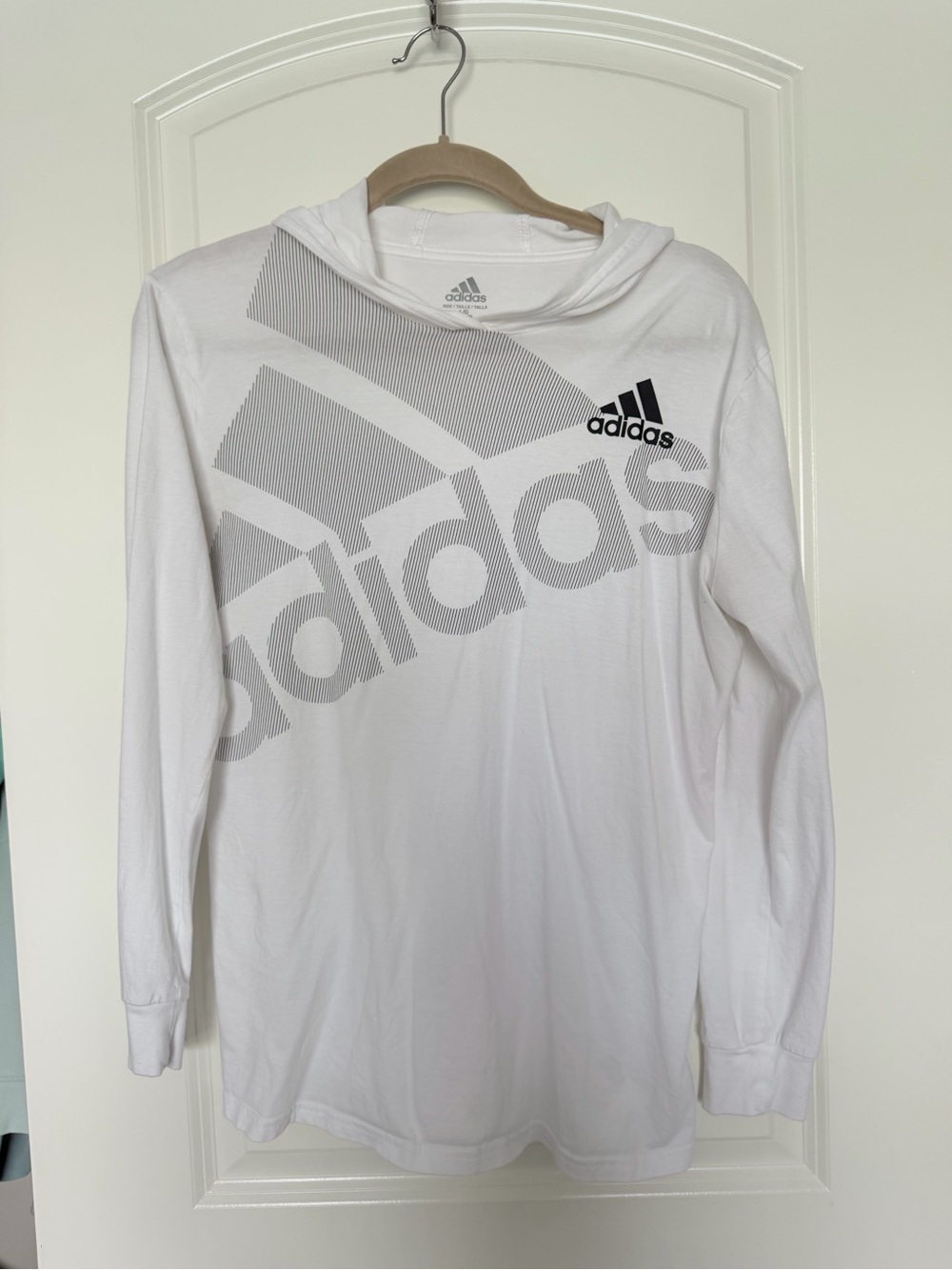 adidas White Long Sleeve Hooded Tee with Gray Logo